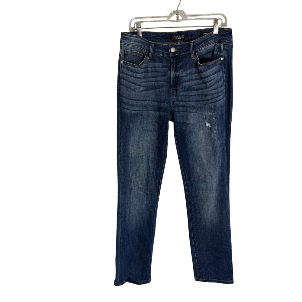 Judy Blue Straight Fit Jeans Women 32 Dark Wash Light Distress JB8277 DK Denim
